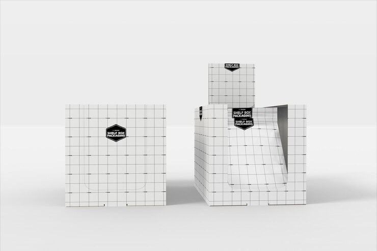 PSD mockups de embalaje de caja de estantería blanca psd