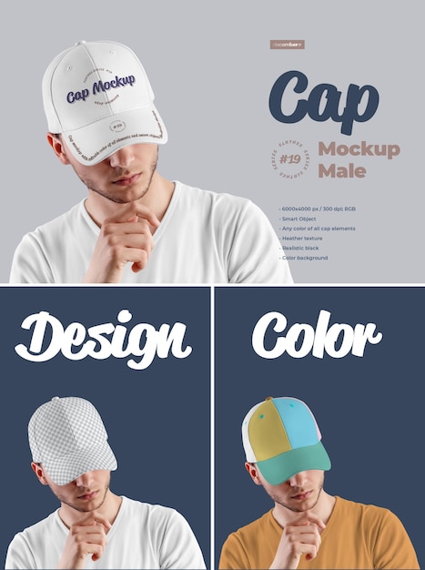 Mockups mens cap design es fácil de personalizar imágenes de diseño de visera, todos los sectores y solo visera frontal, color de todos los elementos, textura jaspeada