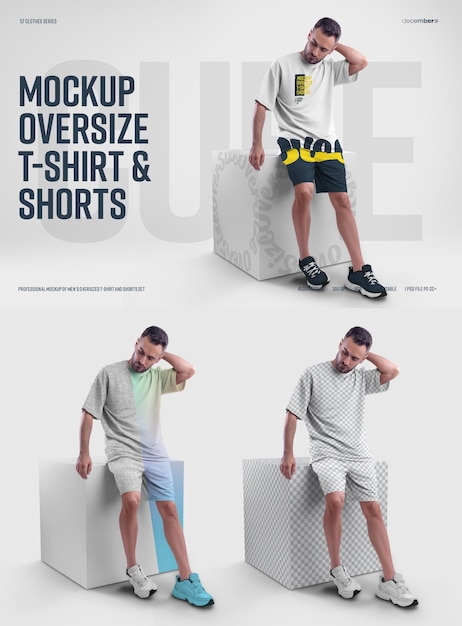 Mockups Oversize T-Shirt und Shorts Kit auf dem Cube. Einfaches Anpassen der Farben aller Elemente des T-Shirts