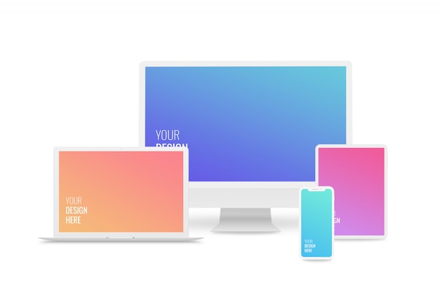 Mockups de périphériques réactifs. Ordinateur, ordinateur portable, smartphone, tablette