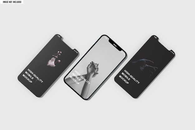 PSD mockups de teléfono y tres pantallas de interfaz de usuario