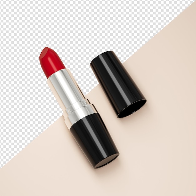 Moda Batons vermelhos em fundo bege, vista superior plana Fundo de beleza e cosméticos