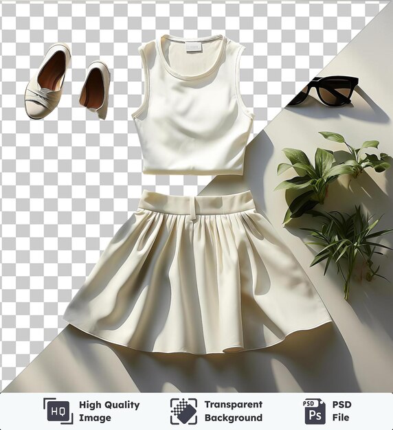PSD moda de verão configurado com um vestido branco óculos de sol pretos e planta verde em um fundo transparente com sombras adicionando profundidade à cena