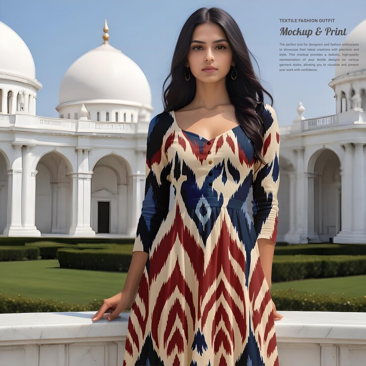 Modalidad de la India Textil Impreso Vestido Mockup plantilla PSD