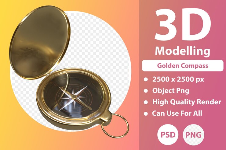PSD modelado 3d de brújula dorada