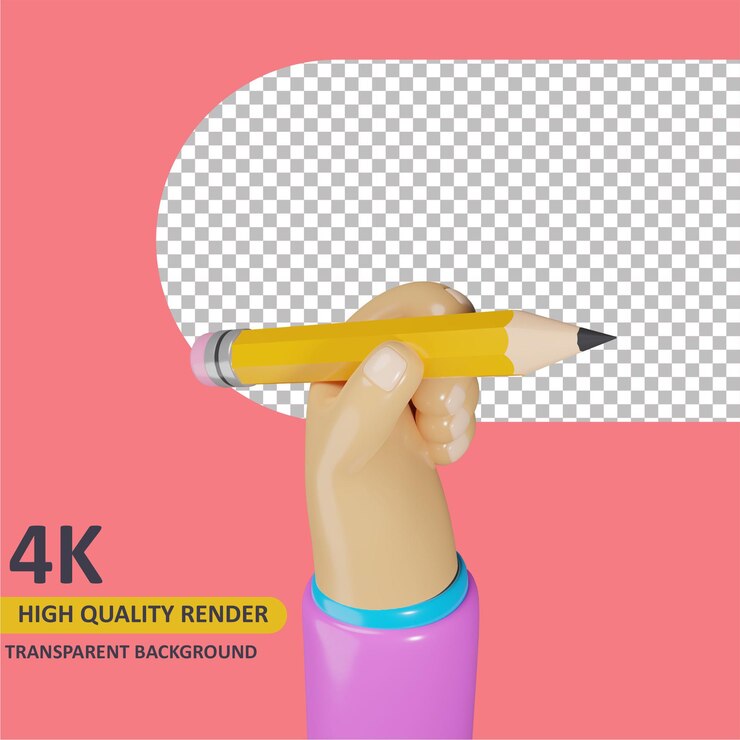 PSD modelado de objetos 3d render mano sujetando un lápiz