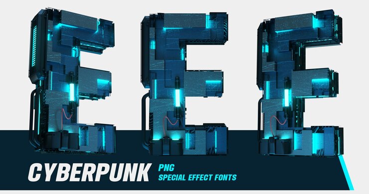 PSD modelagem 3d estilo cyberpunk série multiview digital letra e