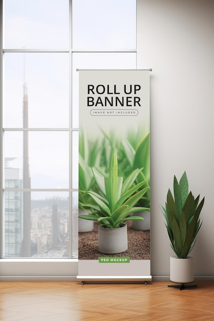Modelagem de bandeira enrolada com plantas em espaço minimalista