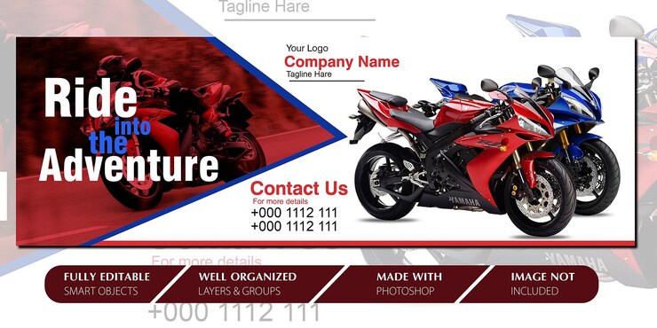 PSD modelagem de banner de mídia social da adventure motorbike company