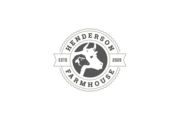 Modelagem de design de logotipo do mercado local de fazenda em círculo de gado de vaca e ovelha