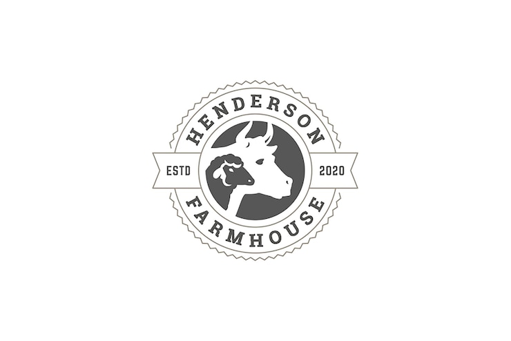 PSD modelagem de design de logotipo do mercado local de fazenda em círculo de gado de vaca e ovelha