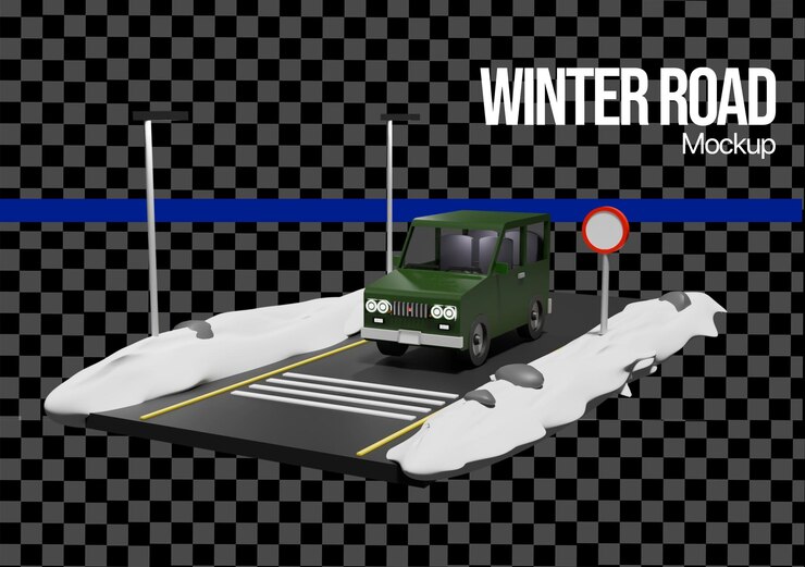 PSD modelagem de estrada de inverno com um carro e terreno nevado