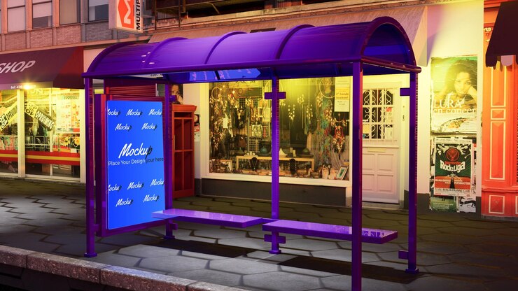 PSD modelagem de ilustração de renderização 3d com anúncio de parada de ônibus roxo em uma cidade à noite