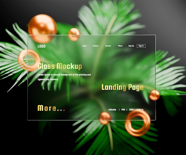 PSD modelagem de página de destino 3d com efeito de morfismo de vidro ou modelagem de apresentação de interface web 3d