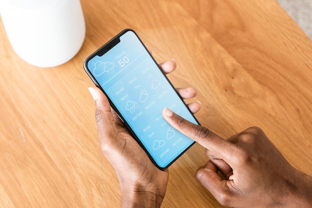 Modelagem de tela de telefone previsão do tempo psd com alto-falante inteligente tecnologia inovadora do futuro
