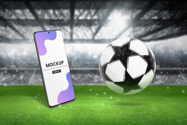 Modelagem de telefone e bola de futebol no campo