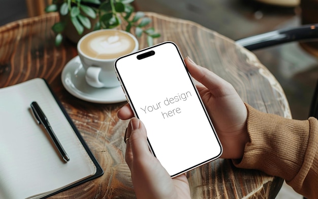 Modelagem de um smartphone branco semelhante a um iphone na mão de uma pessoa Uma xícara de café na mesa