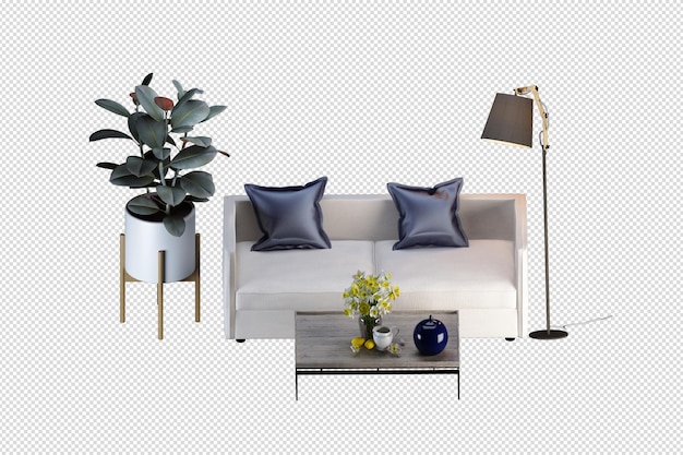 Modelagem interior de sofá em 3D isolada
