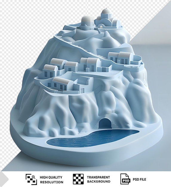 PSD modèle 3d de la caldeira de santorini avec un bâtiment blanc et de l'eau bleue avec une petite fenêtre au premier plan