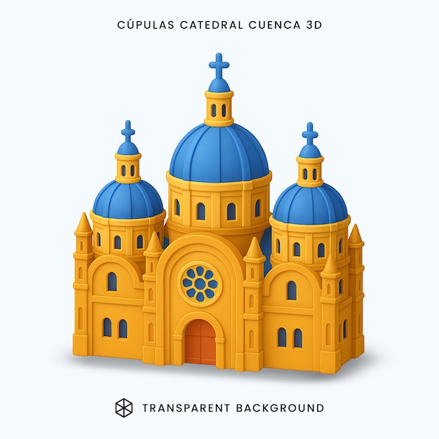 Modèle 3D de la cathédrale de Cuenca avec des dômes bleus et une façade jaune
