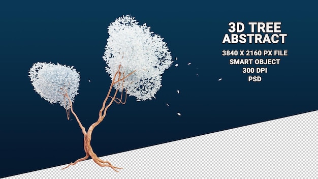 PSD modèle 3d isolé d'arbre avec des feuilles blanches abstraites sur fond transparent