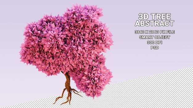 Modèle 3d isolé d'arbre avec des feuilles roses abstraites sur fond transparent