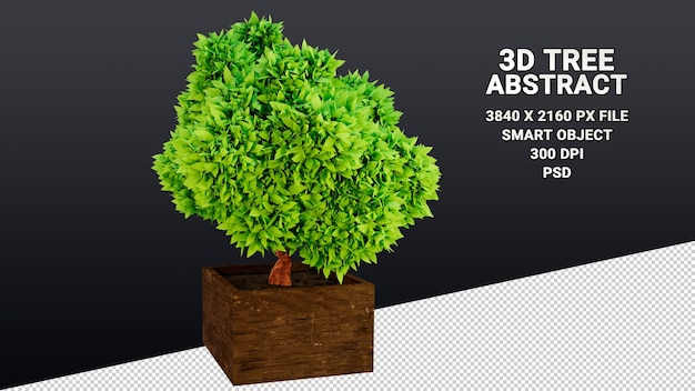 Modèle 3d isolé d'un arbre en pot avec des feuilles vertes abstraites sur fond transparent