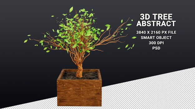 Modèle 3d isolé d'un buisson dans un pot avec des feuilles vertes abstraites sur fond transparent