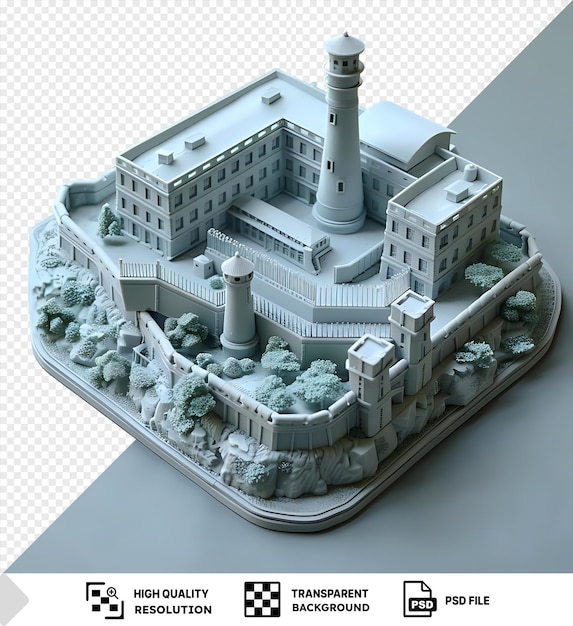 PSD modèle 3d unique du pénitencier fédéral d'alcatraz avec un bâtiment blanc et un haut phare blanc