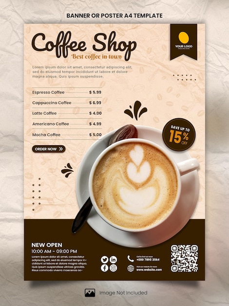 PSD modèle a4 de bannière ou d'affiche de café de menu