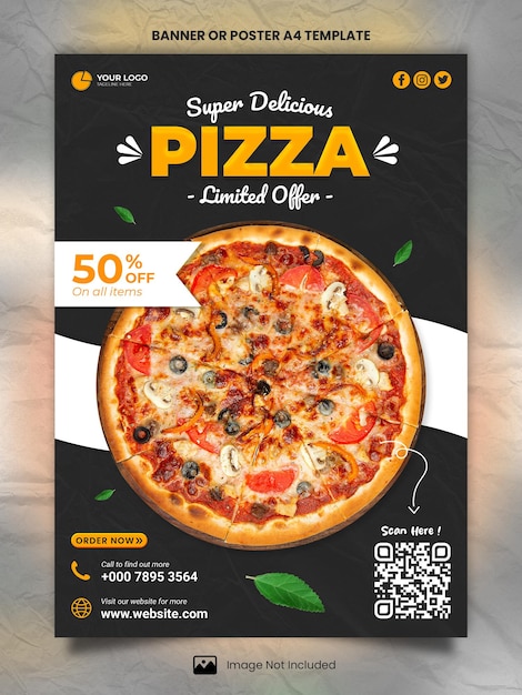 PSD modèle a4 de bannière ou d'affiche de pizza super délicieuse noire