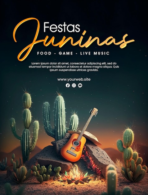 Modèle D'affiche De Célébration Festa Juninas Avec Fond De Cactus Et De Guitare