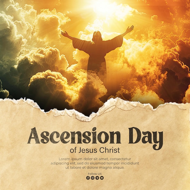 PSD modèle d'affiche du jour de l'ascension avec un film cinématographique représentant jésus-christ montant au ciel