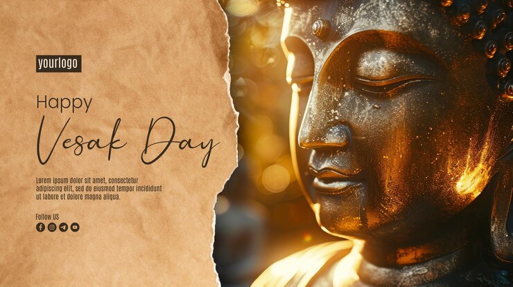 PSD modèle d'affiche du jour de vesak avec en arrière-plan un gros plan de la statue de bouddha en couleur or