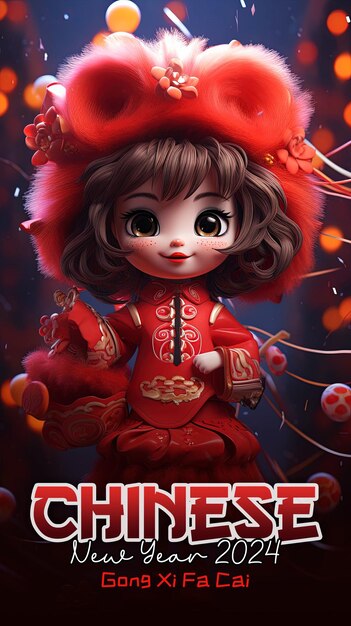 PSD modèle d'affiche du nouvel an chinois 2024 avec le fond d'une petite fille mignonne dansant le lion