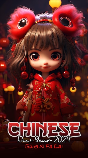 PSD modèle d'affiche du nouvel an chinois 2024 avec le fond d'une petite fille mignonne dansant le lion