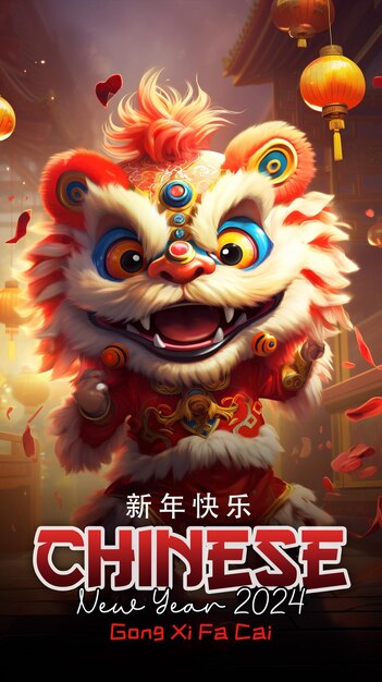 PSD modèle d'affiche du nouvel an chinois avec le personnage du dragon et de la danse du lion