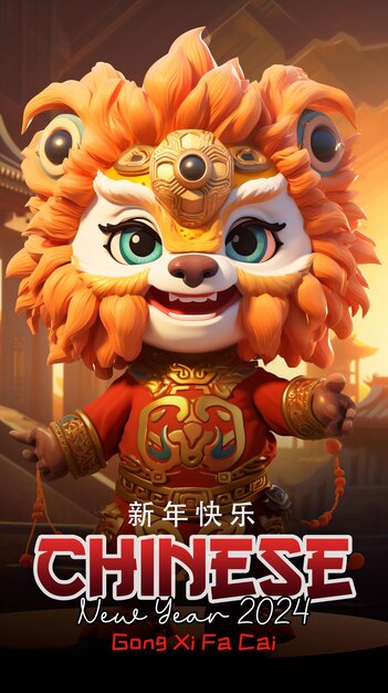 PSD modèle d'affiche du nouvel an chinois avec le personnage du dragon et de la danse du lion