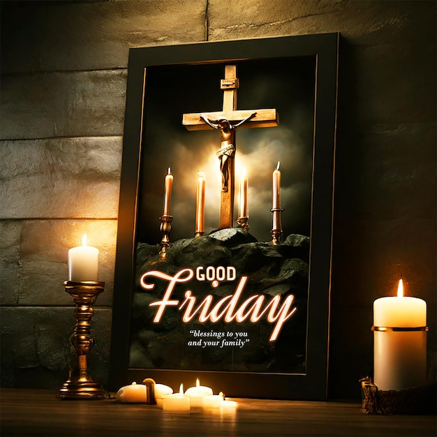 PSD modèle d'affiche du vendredi saint bénédictions avec une croix et des bougies en arrière-plan