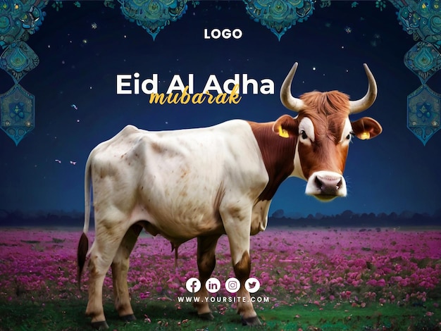 PSD modèle d'affiche d'eid al adha mubarak avec fond de vache