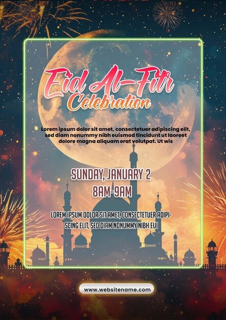 PSD modèle d'affiche d'eid al-fitr avec des feux d'artifice colorés affiche de ramadan