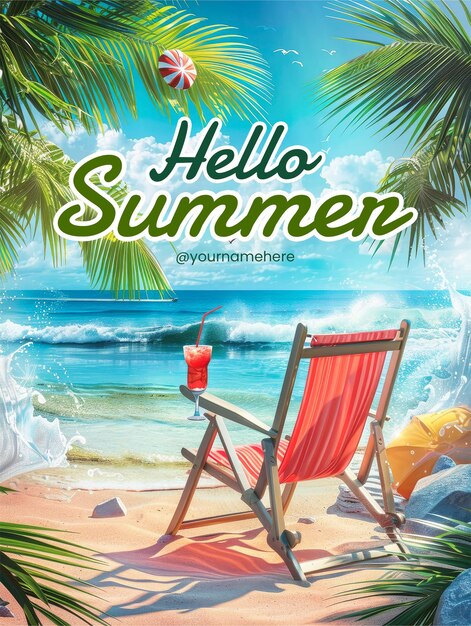 PSD modèle d'affiche d'été hello avec une scène de plage