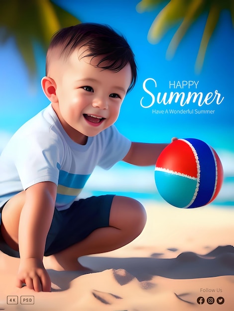 Modèle D'affiche D'été Heureux Avec Mignon Petit Enfant Jouant Avec Un Ballon De Plage