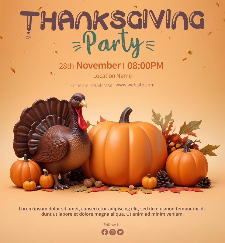 PSD modèle d'affiche de la fête de thanksgiving avec de la dinde et des citrouilles