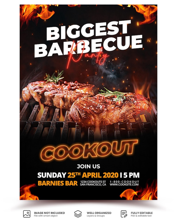 PSD modèle d'affiche ou de flyer de promotion de la fête du barbecue et du menu alimentaire
