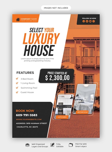 Modèle d'affiche de flyer de propriété de maison immobilière