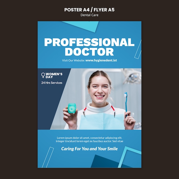 Modèle d'affiche ou de flyer de soins dentaires design plat