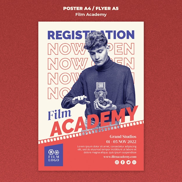 PSD modèle d'affiche d'inscription à l'académie de cinéma