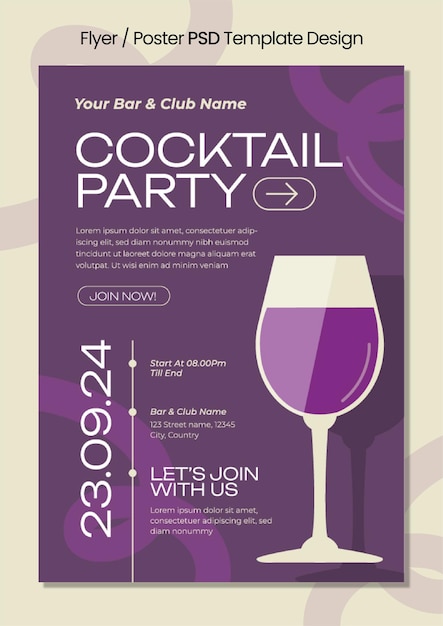 PSD modèle d'affiche d'invitation à un cocktail d'illustration créative pourpre