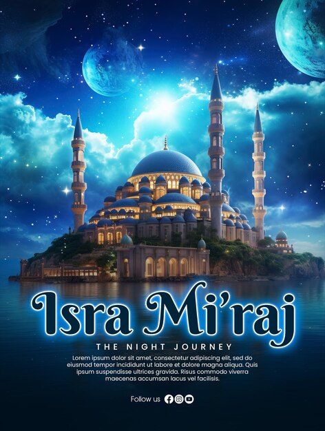 Modèle D'affiche Isra Miraj Avec Une Mosquée Mystique émet De La Lumière Vers Le Ciel Sur Le Fond